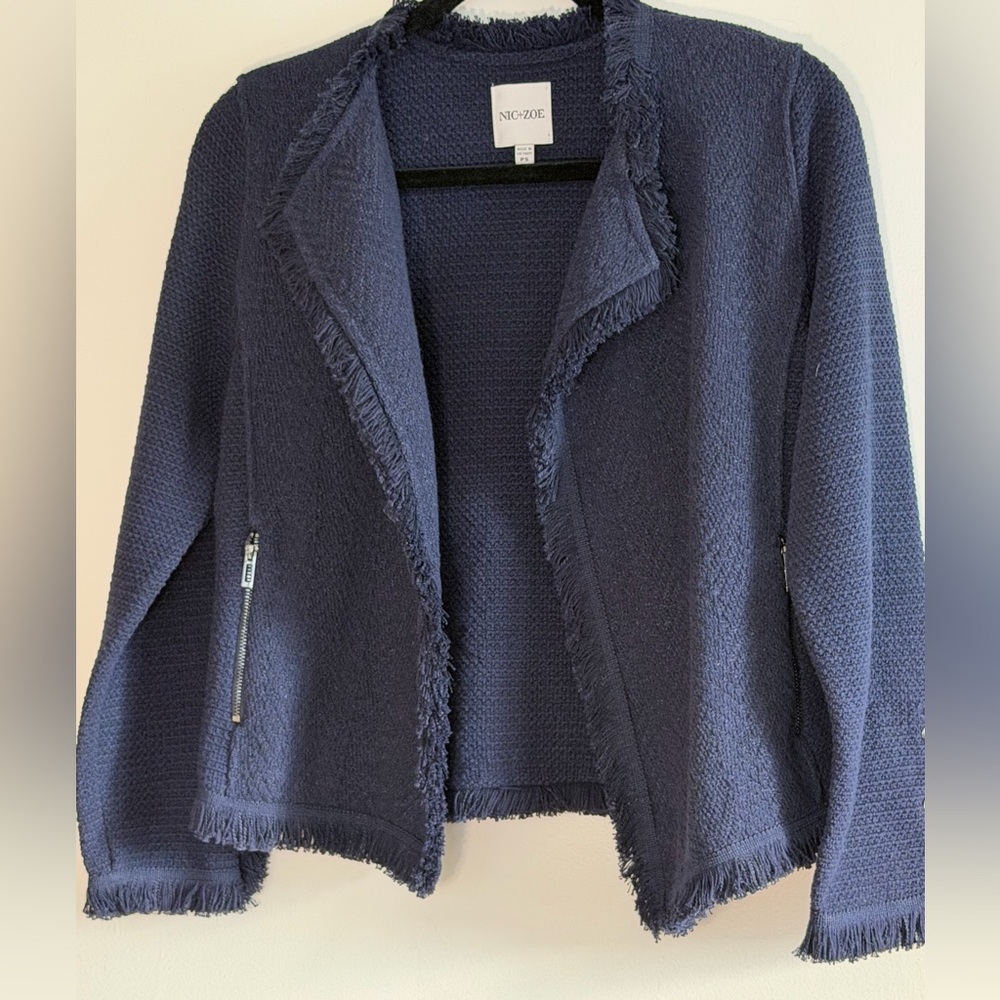 Nic & Zoe Fringed Open Front Knit Jacket w/ Fringe Zip Pockets Navy Petite Small